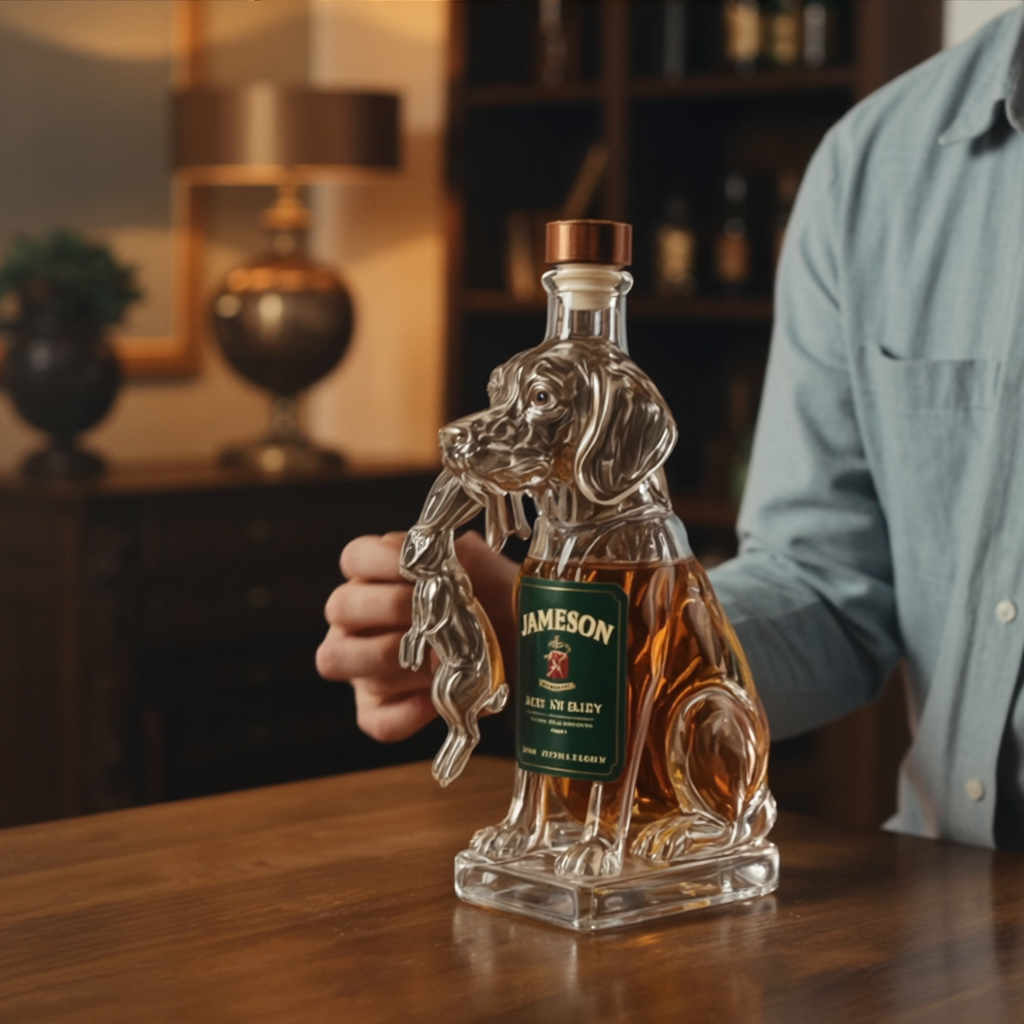 Flasque à whisky Danoir Paris en forme de chien, bouteille de whisky design luxueux et original, en métal brillant.