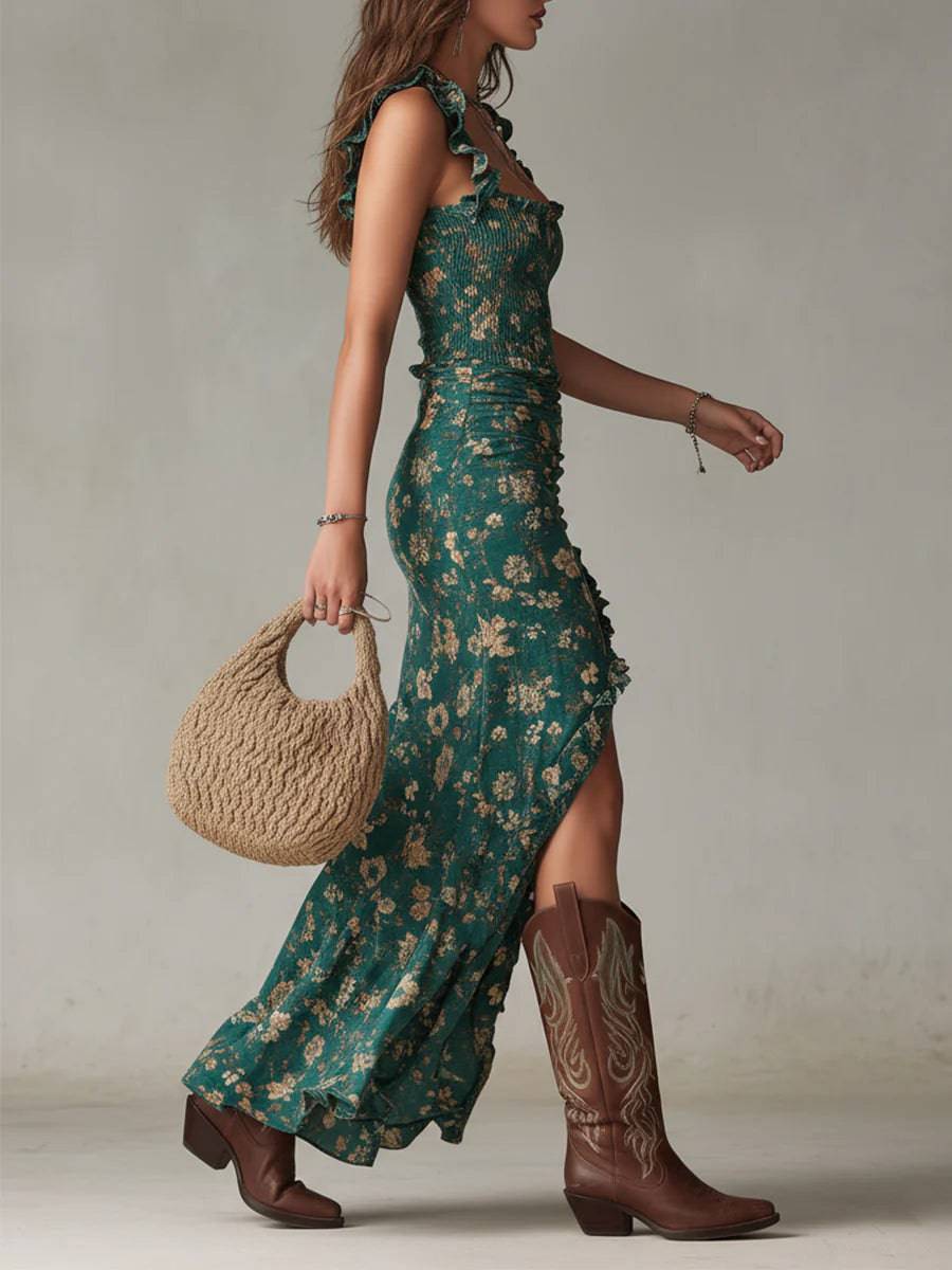 Robe maxi bohème verte à imprimé floral avec manches à volants, marque Danoir Paris, vue de face.