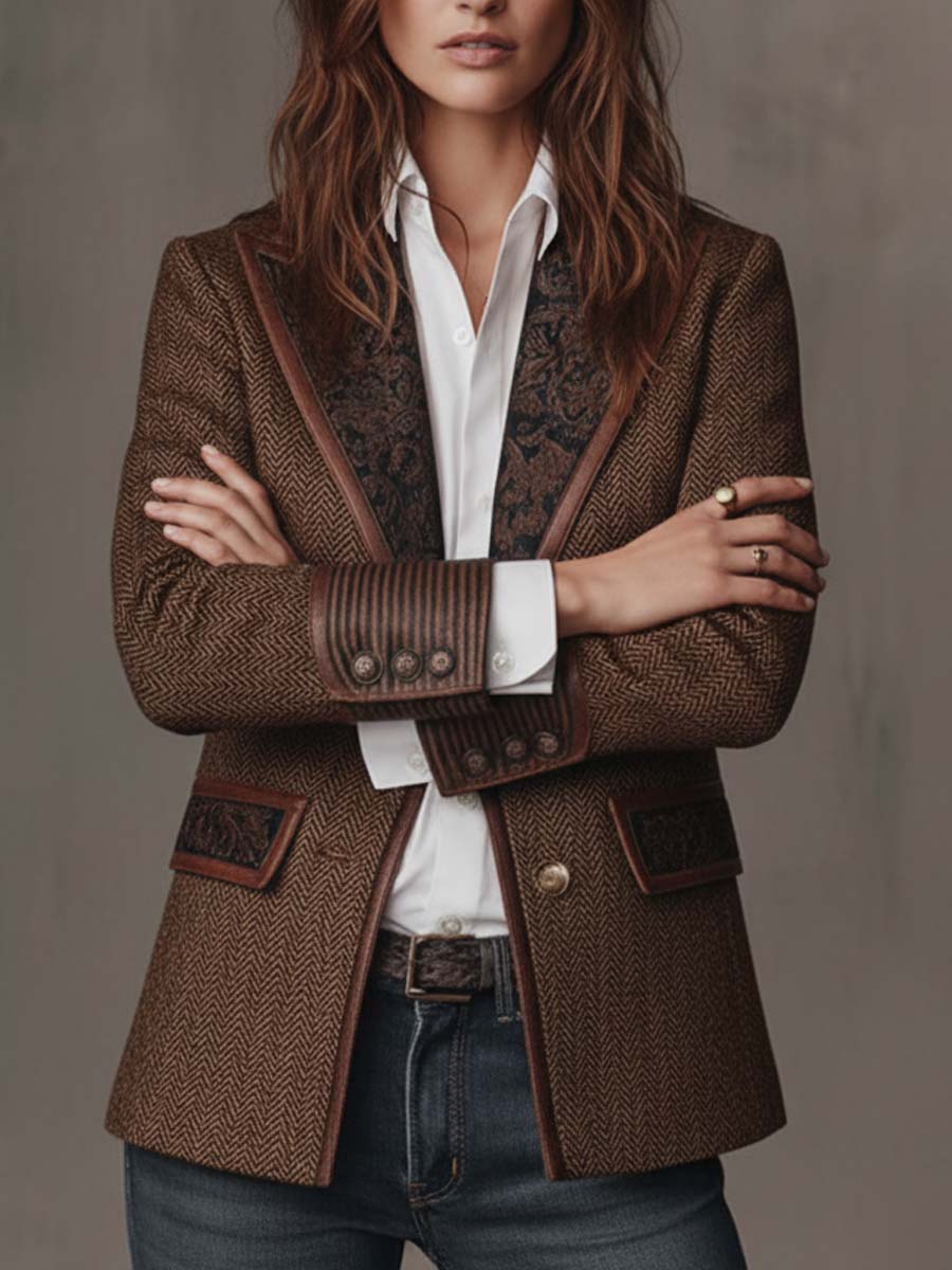 Blazer à manches longues Gisèle de Danoir Paris avec empiècements imprimés chevrons, tissu élégant et moderne.