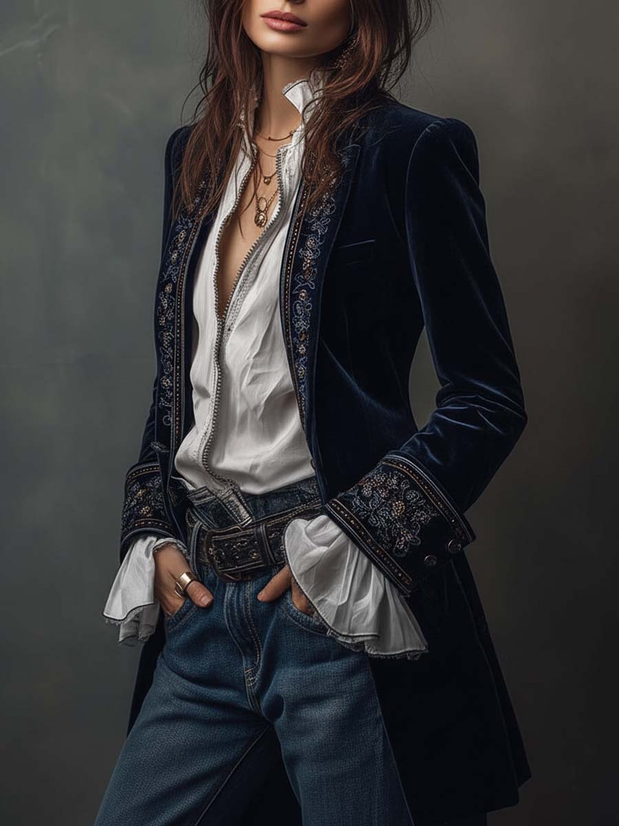 Veste longue brodée Athénaïs Danoir Paris en bleu marine, blazer vintage avec détails brodés élégants et coupe classique.