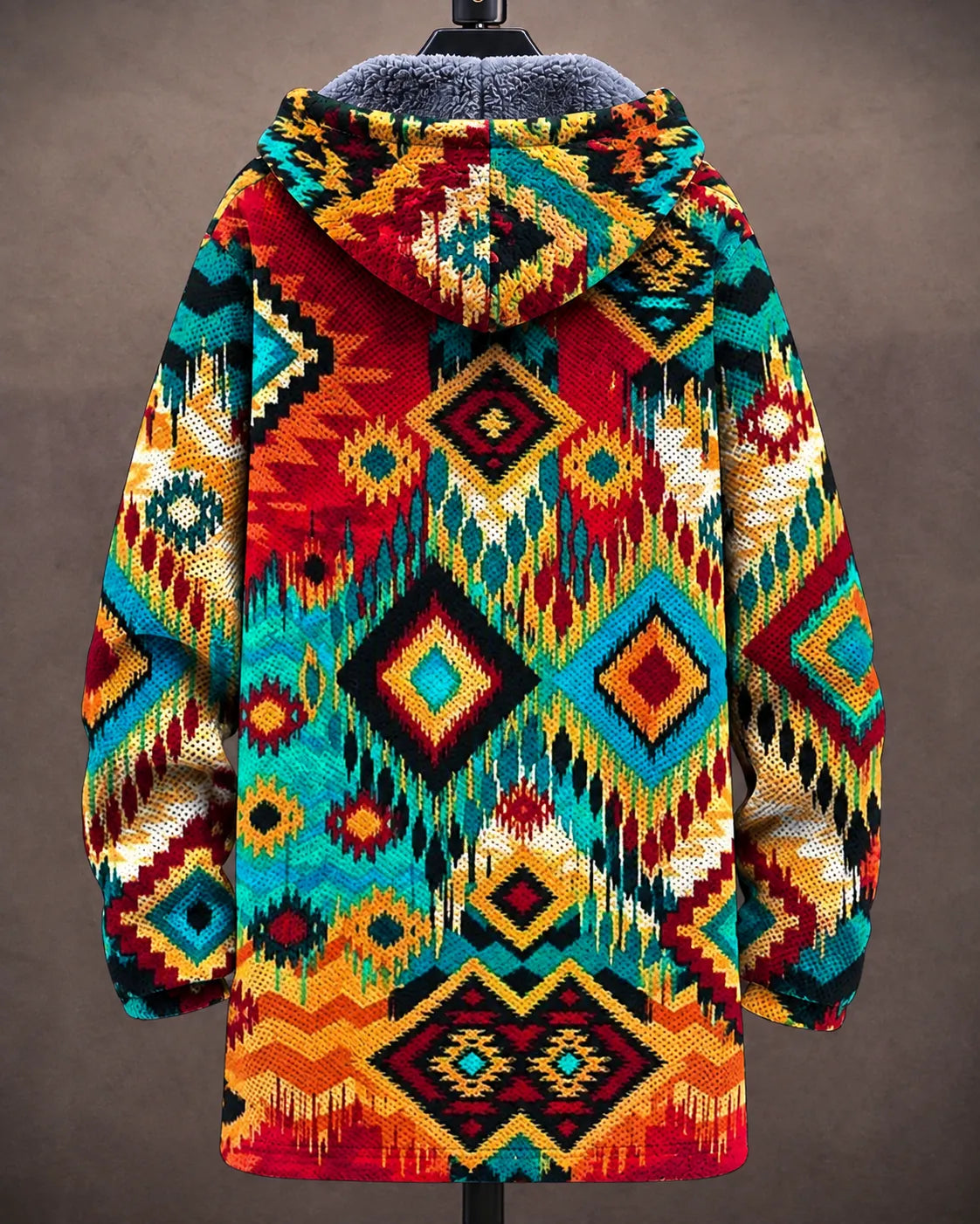 Veste à capuche Paloma en mosaïque colorée Danoir Paris, détail de la capuche et motif multicolore sur tissu léger.