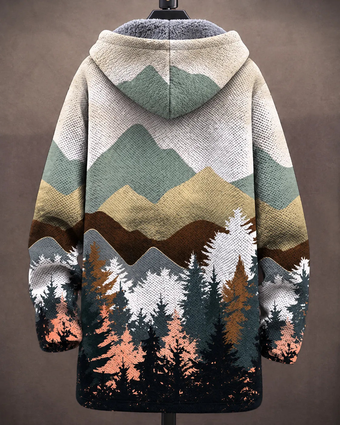 Veste à capuche Elara de Danoir Paris, vue sur les montagnes, tissu doux, coupe décontractée, idéale pour l'automne.