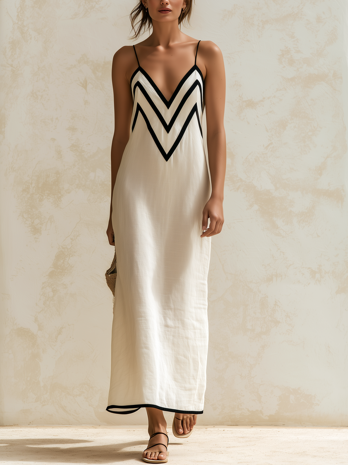 Robe longue femme Marisa Danoir Paris avec motif Chevron et bord contrasté, tissu fluide et élégant.