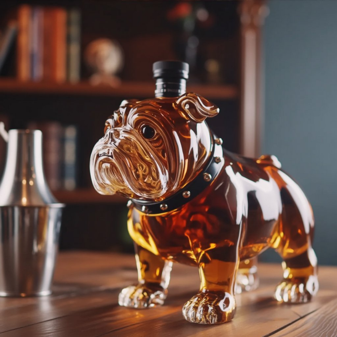 Flasque à whisky Danoir Paris Bulldog, contenant une bouteille de whisky avec un design de chien Bulldog en métal.