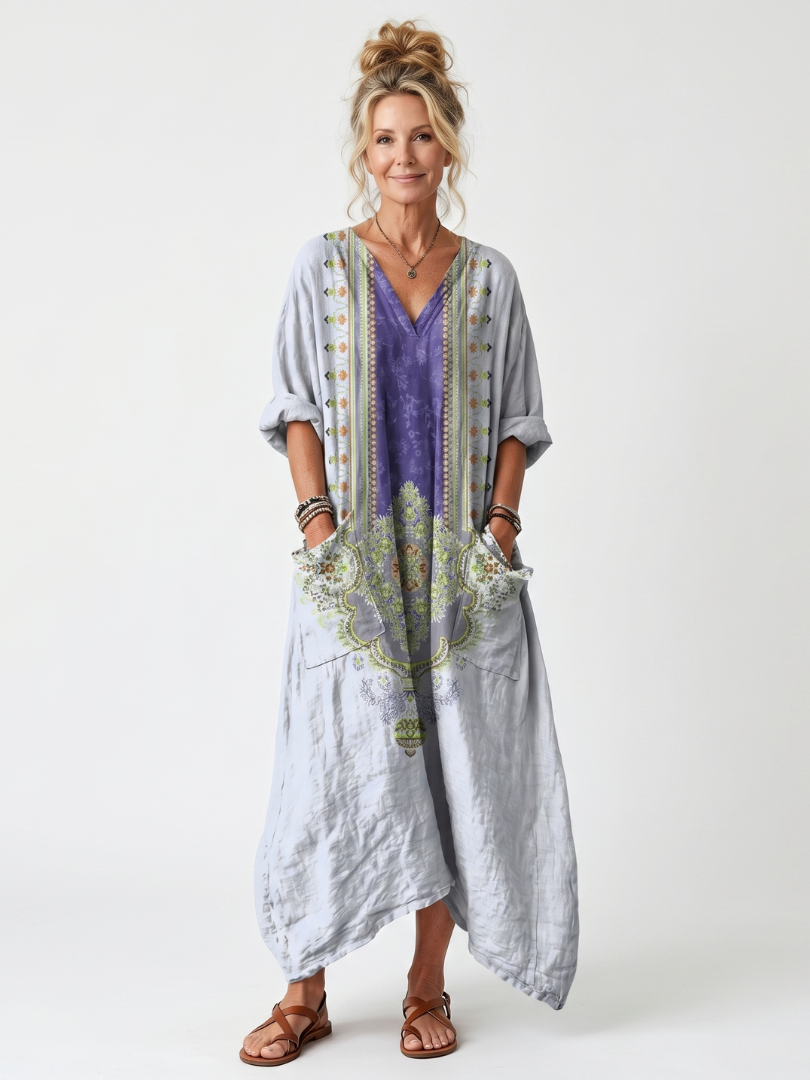 Robe midi oversize Danoir Paris Raina avec poches et panneau brodé contrastant, tissu léger et style décontracté.