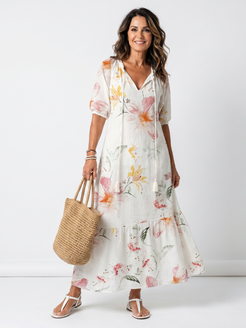 Robe midi florale Danoir Paris Noa avec volants et franges, tissu doux et design élégant pour l'été.