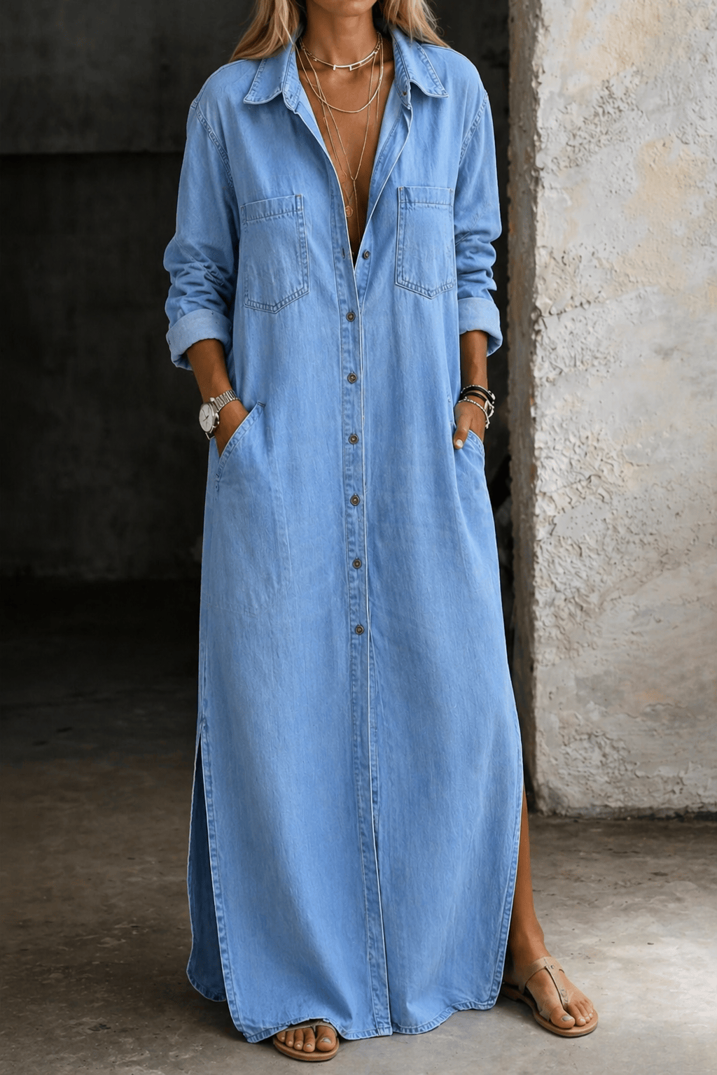 Robe Danoir Paris Delana à boutons, robe courte en tissu léger avec col et manches longues, portée décontractée élégante.