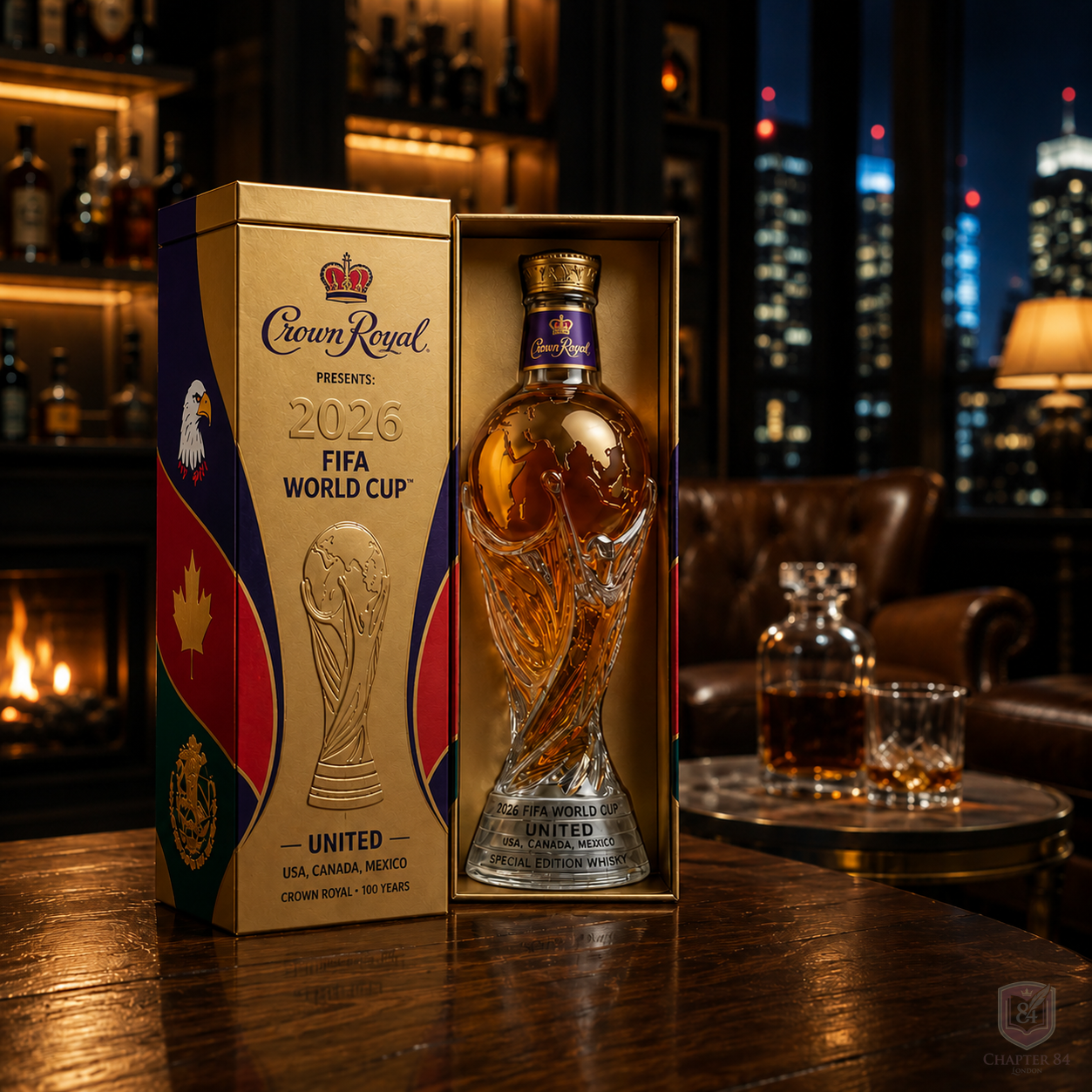 Decanter à whisky Danoir Paris édition Coupe du Monde 2026 en verre élégant avec logo de la compétition.