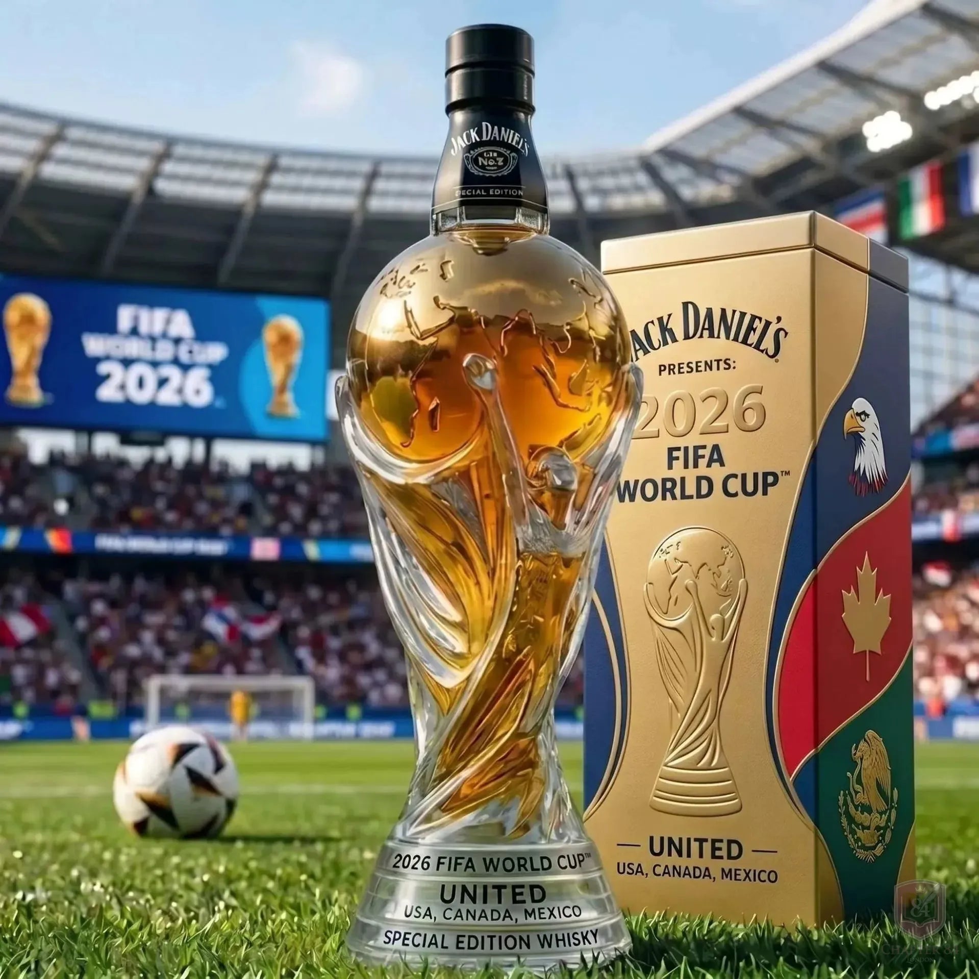 Danoir Paris carafe à whisky édition Coupe du Monde 2026 avec design sportif et logo, verre transparent et bouchon en liège.