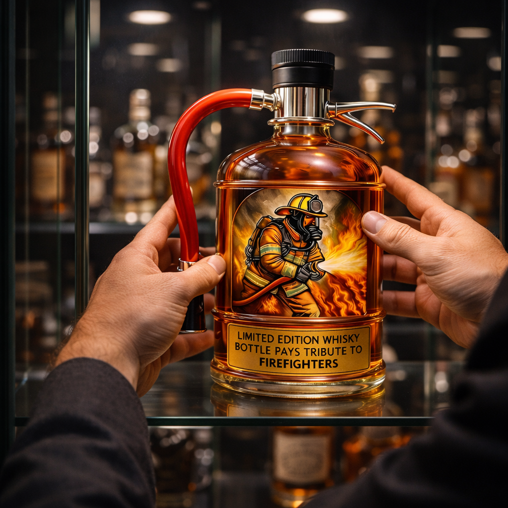 Flasque à whisky Danoir Paris en forme de extincteur, bouteille de whisky originale et design, imitation d’un extincteur rouge.