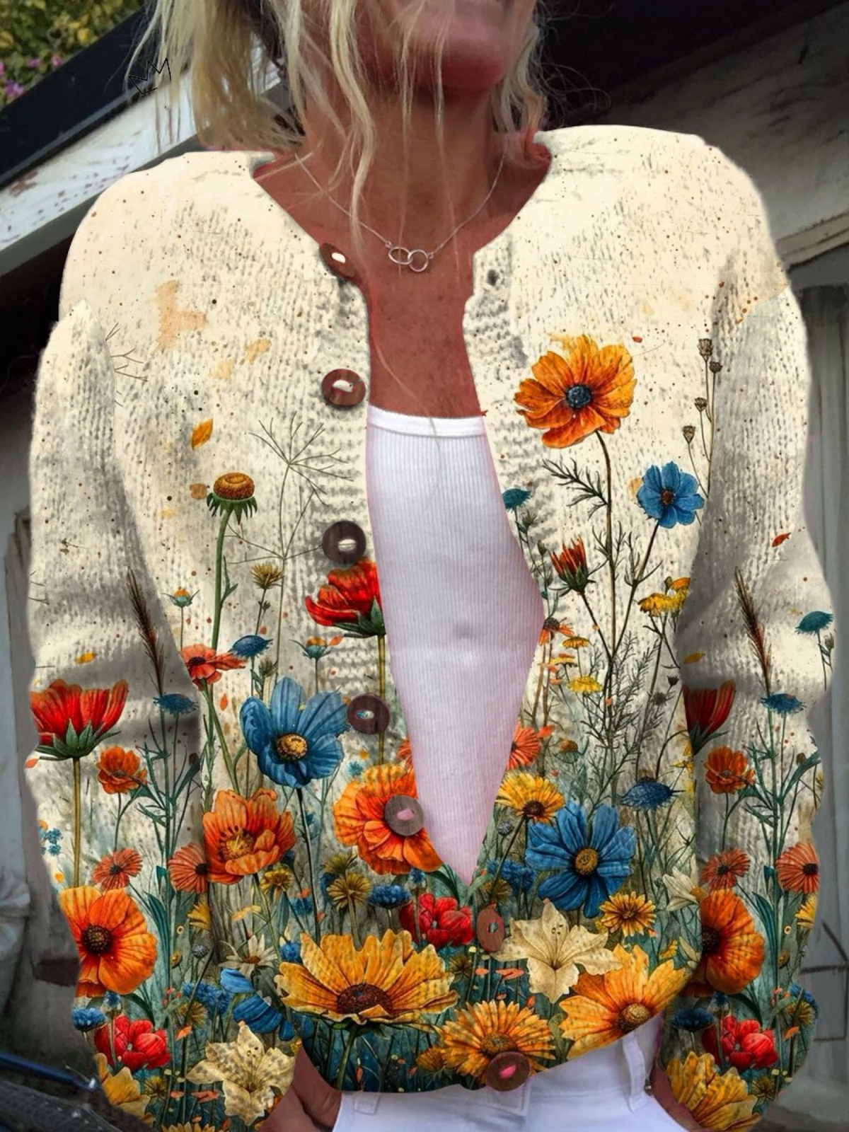 Cardigan vintage à fleurs Tansy™ de Danoir Paris, motif floral rétro en tricot, manches longues et col en V.