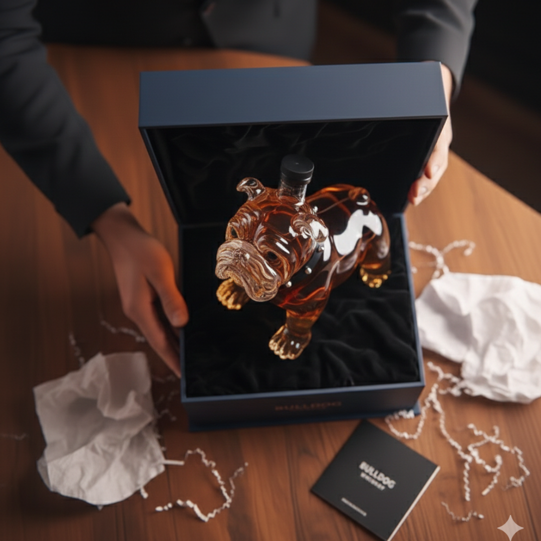 Flasque à whisky Danoir Paris en forme de bouteille Bulldog, design élégant et détails réalistes de la bouteille de whisky.