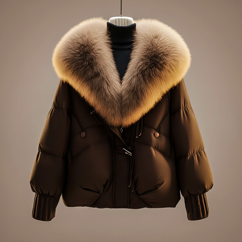 Manteau élégant Elsie™ de Danoir Paris, tissu chic, coupe ajustée, porté avec col en laine et boutons sophistiqués.