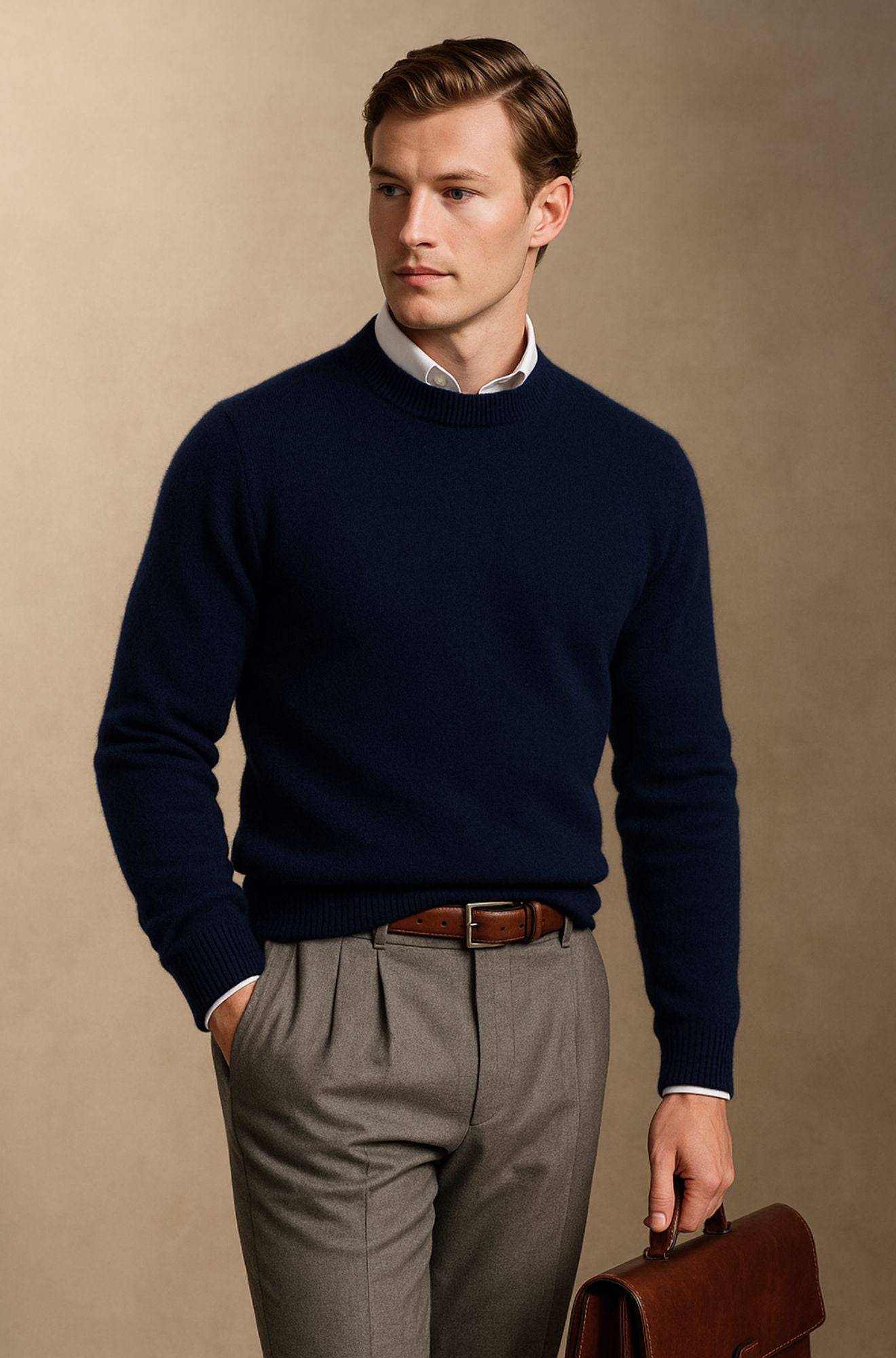 Pull col rond élégant Giles de Danoir Paris, en tissu doux, couleur neutre, porté sur mannequin, style chic et moderne.