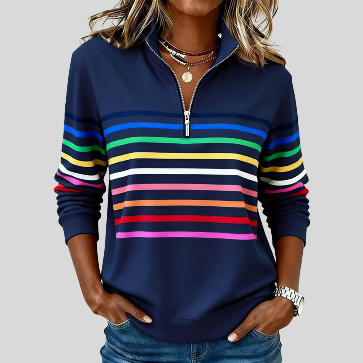 Sweat à col zippé rayé Corabelle de Danoir Paris, sweatshirt en coton avec motifs colorés et fermeture éclair à l'avant.