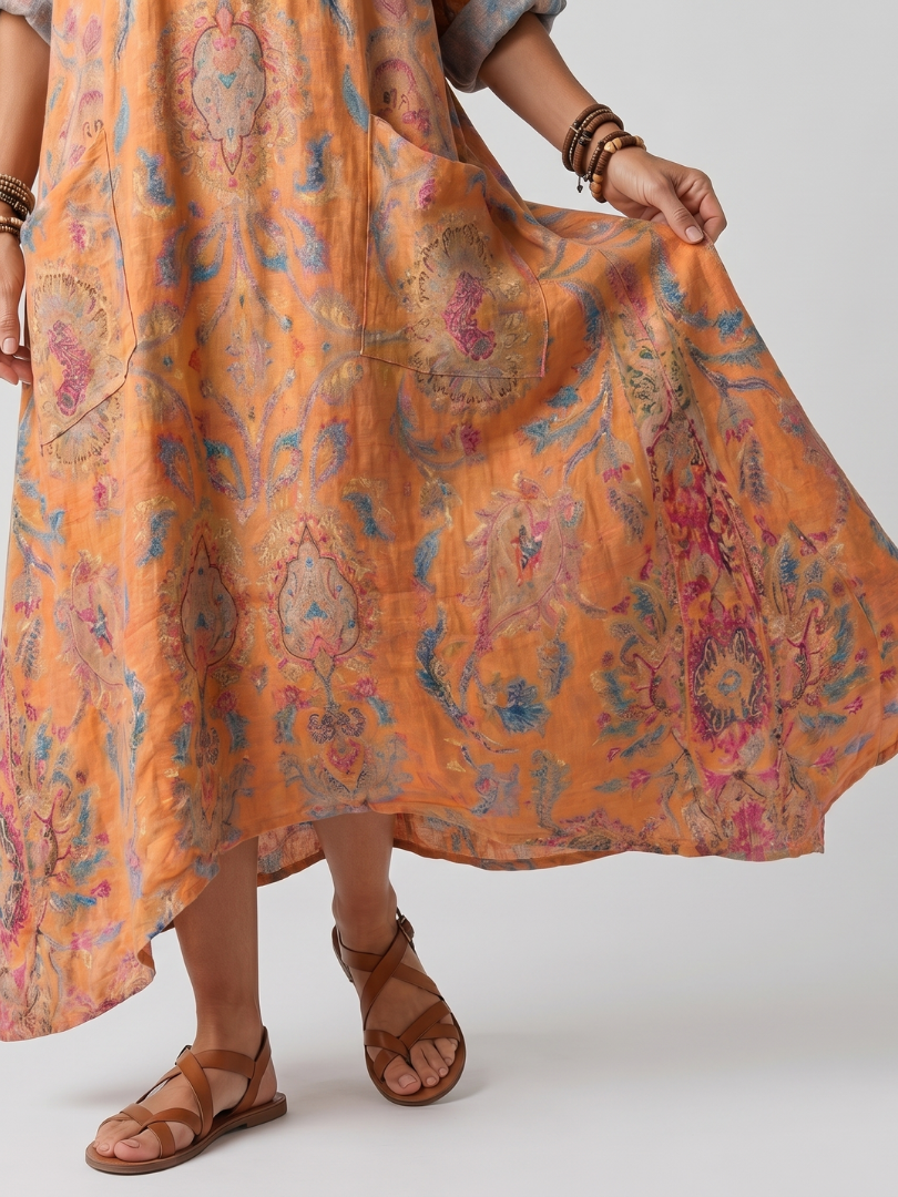 Robe midi oversize Danoir Paris Remi avec imprimé floral, col notch et poches visibles sur cette image.
