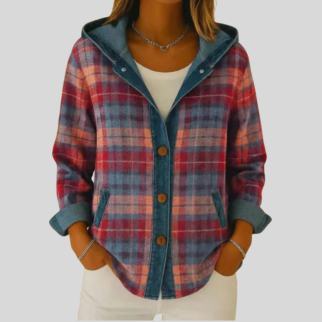 Veste à capuche à carreaux Sabina Danoir Paris, shacket en tissu à motif à carreaux, style décontracté et tendance.