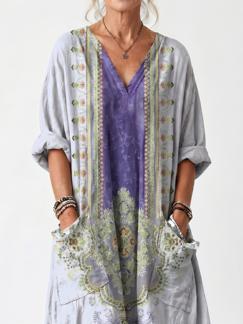 Robe midi oversize Danoir Paris Raina avec poches, panneau brodé contrastant, tissu léger et style décontracté.