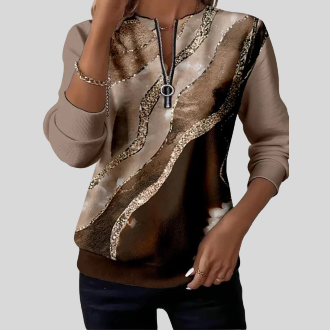Sweat-shirt à col zippé artistique Danoir Paris Verona, tissu confortable avec motif créatif, porté sur mannequin en intérieur