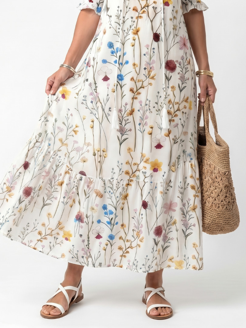 Robe midi Danoir Paris Sylvie avec motif botanique, franges, style élégant et féminin, tissu léger et fluide.