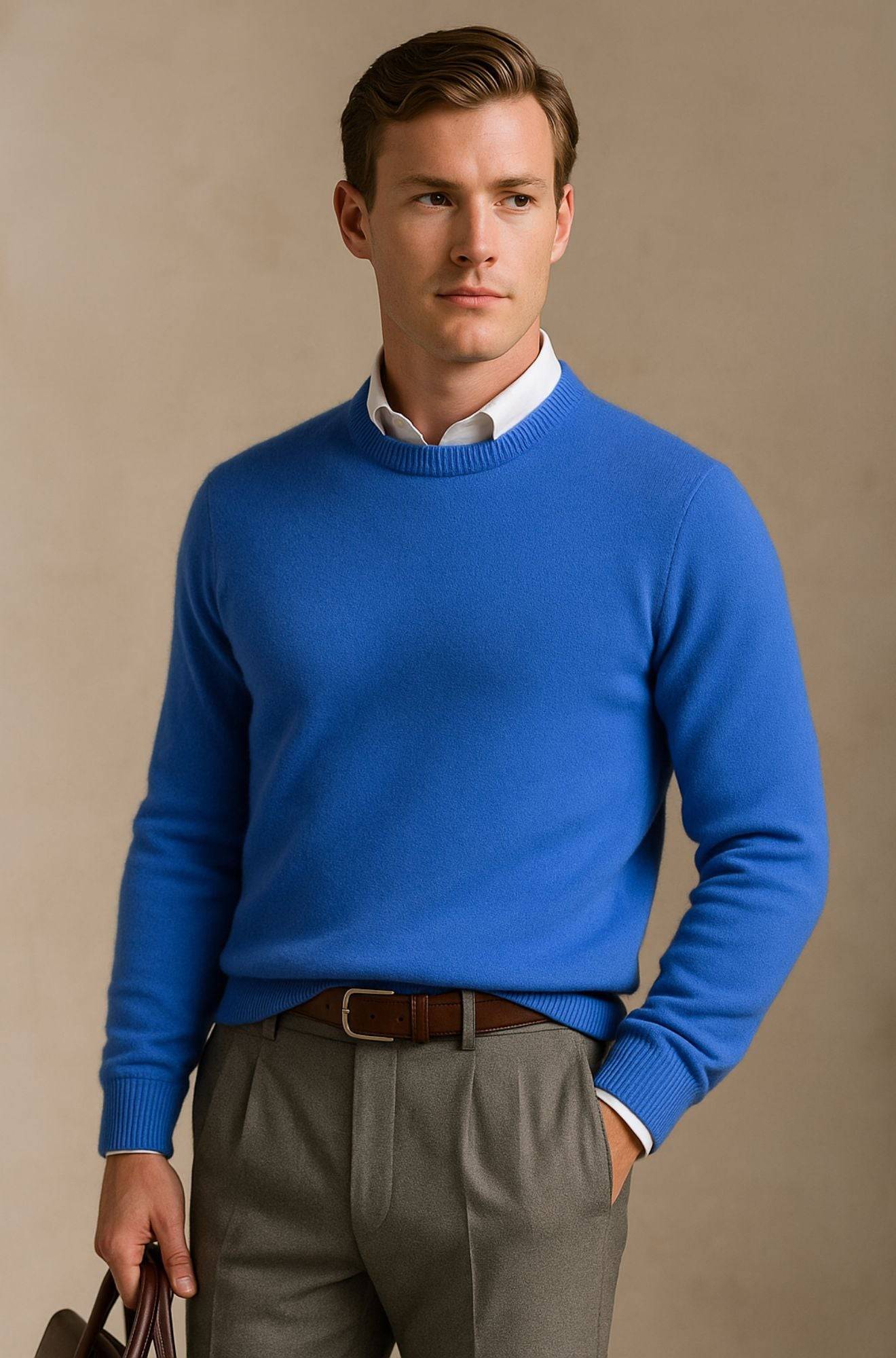 Pull col rond élégant Giles de Danoir Paris, en tissu doux, couleur neutre, porté sur mannequin.