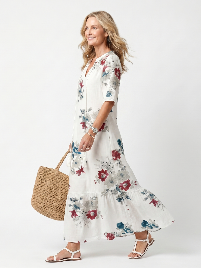 Robe midi à fleurs dispersées avec franges, Maeva, marque Danoir Paris, tissu léger et style bohème.