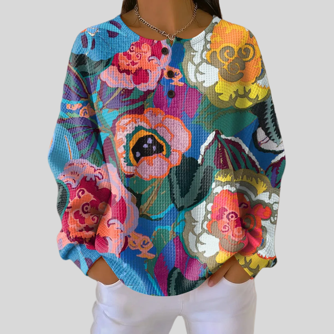 Sweatshirt floral artistique Danoir Paris Delia avec motif coloré, tissu doux et coupe confortable, vue de face.