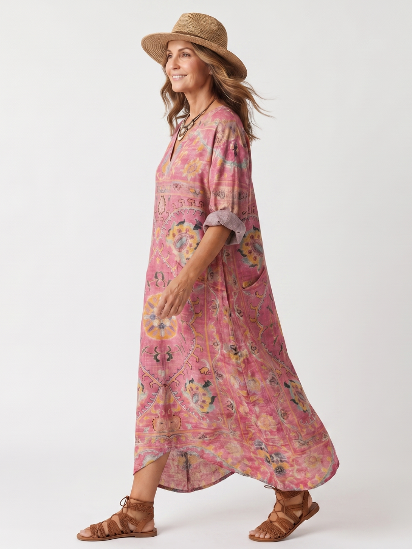 Robe midi décontractée Tilda de Danoir Paris avec motif abstrait, tissu fluide et style élégant pour femme.