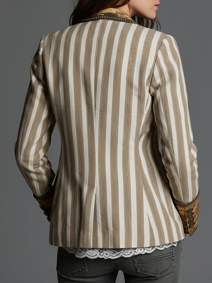 Blazer long sleeve Danoir Paris Suzanne à rayures bohèmes avec col imprimé, look élégant et tendance.