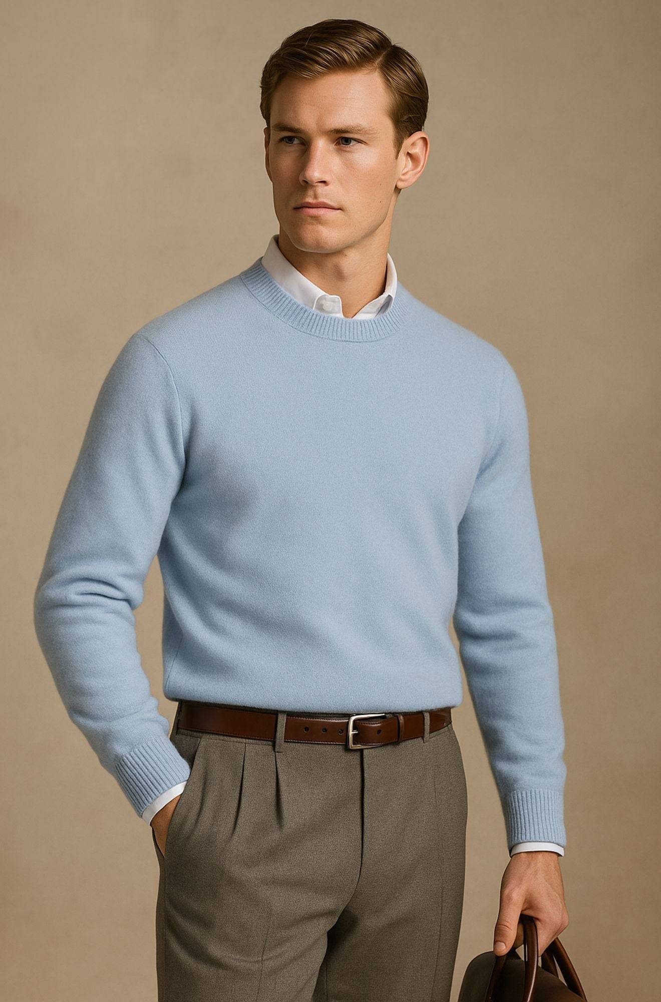 Pull col rond élégant Giles de Danoir Paris, en tissu doux, couleur neutre, porté sur mannequin, vue frontale.