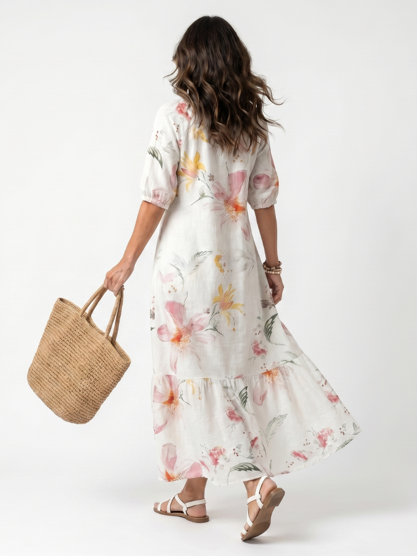 Robe midi florale Danoir Paris Noa avec volants et franges, tissu léger et design élégant pour femmes.