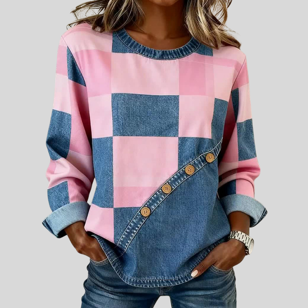 Sweatshirt patchwork colorblock Elsie de Danoir Paris, en coton avec motifs variés et col rond, portée sur un mannequin.