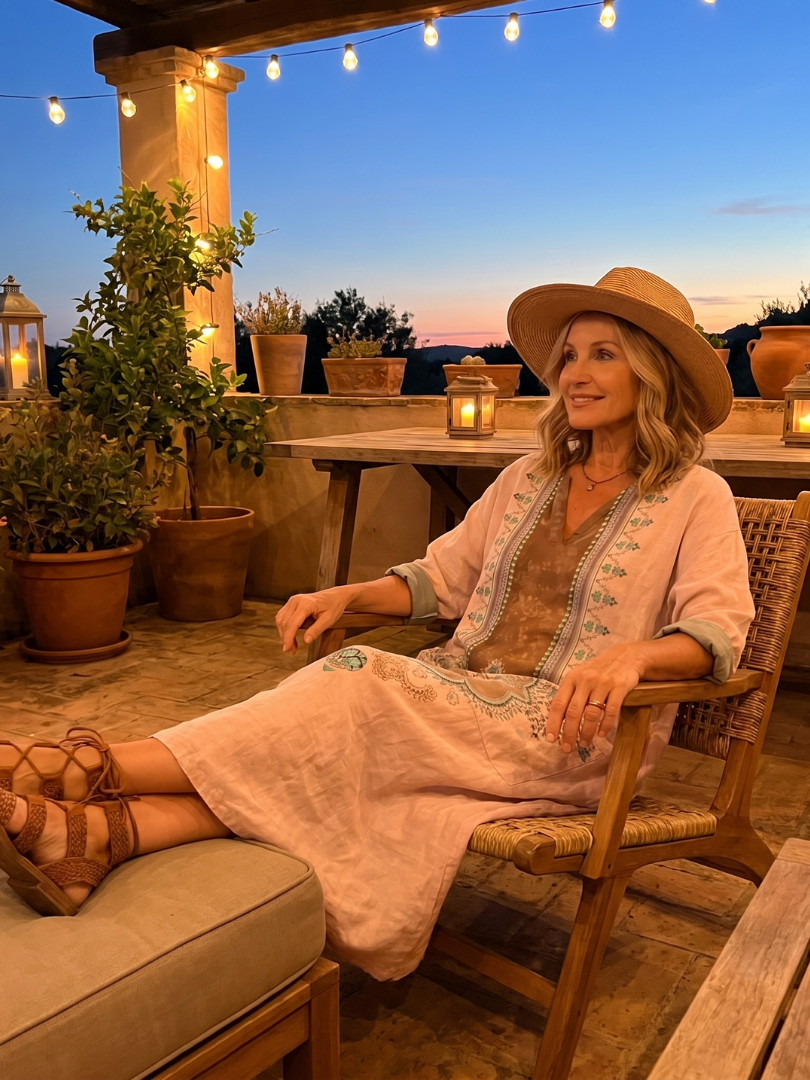Robe midi décontractée Danoir Paris avec panneaux brodés, poches et coupe confortable, portée en style décontracté.