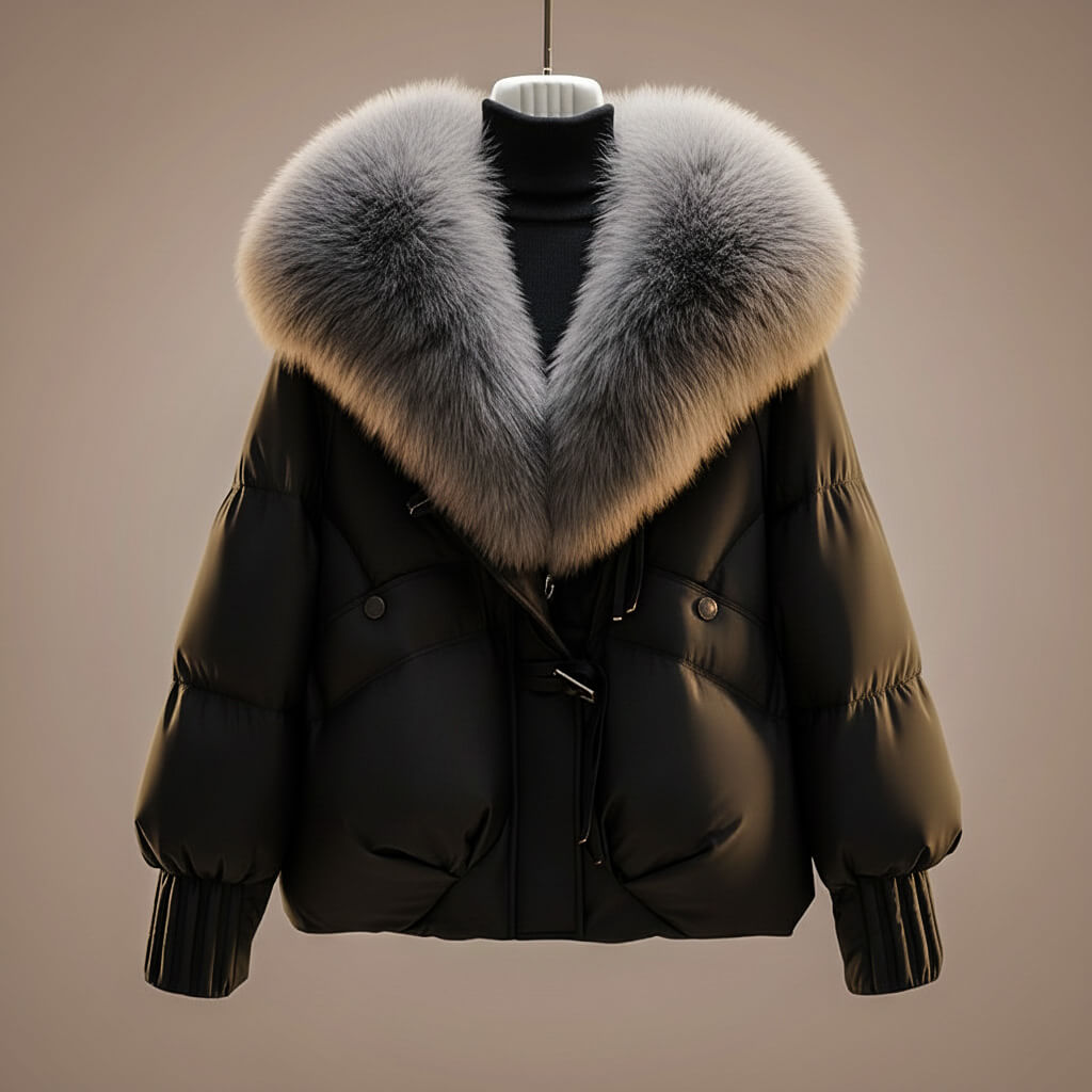 Manteau élégant Elsie™ de Danoir Paris en laine beige avec col en fourrure synthétique et détails raffinés.