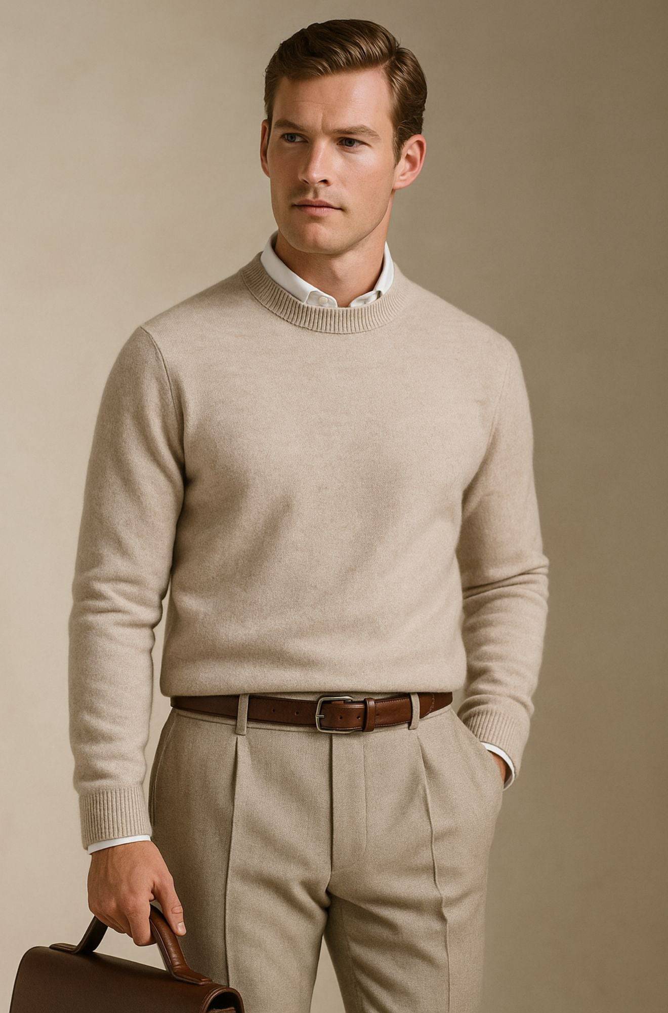 Pull col rond élégante Giles de Danoir Paris, en tissu doux avec finition soignée, porté sur un mannequin.
