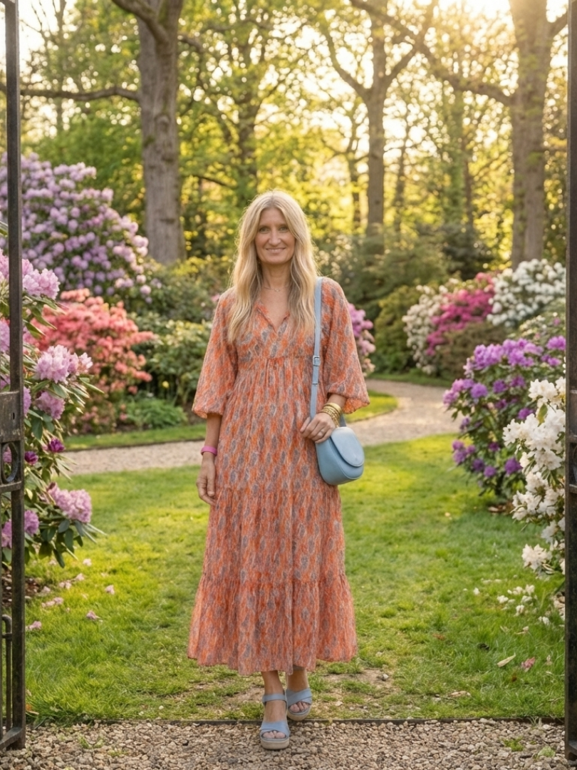 Robe midi géométrique Danoir Paris avec décolleté en V et manches longues, élégante et tendance.