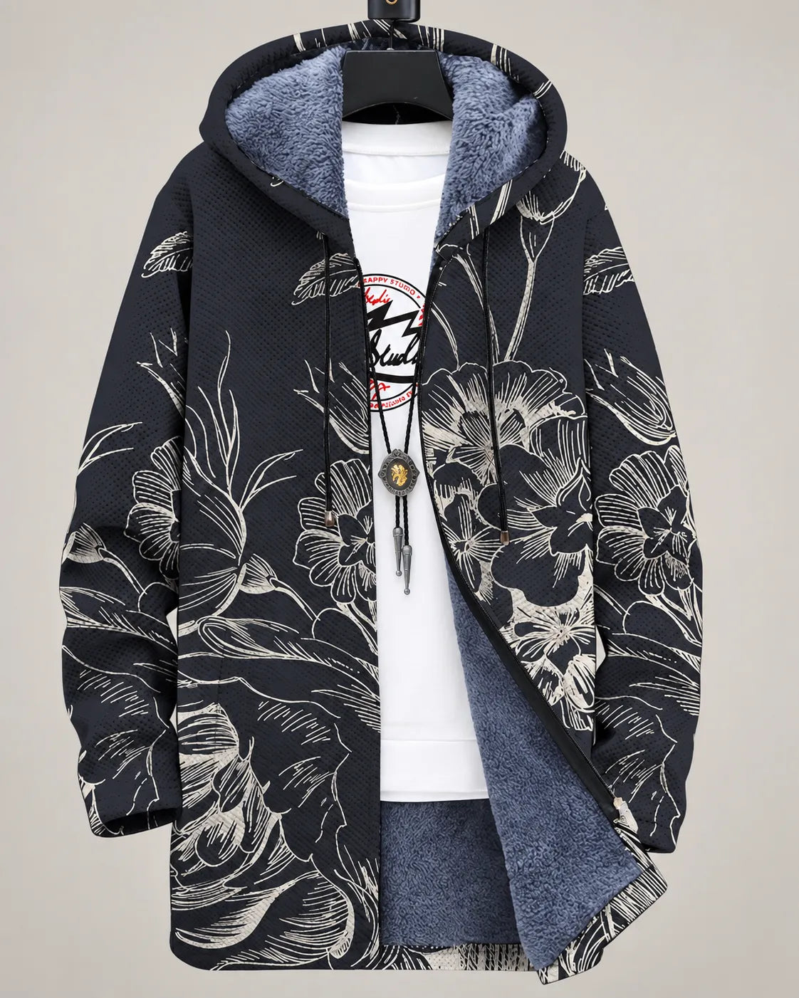 Veste à capuche Rosalie Danoir Paris avec motif botanique, tissu léger et confortable, vue de l'avant, détails du dessin floral.