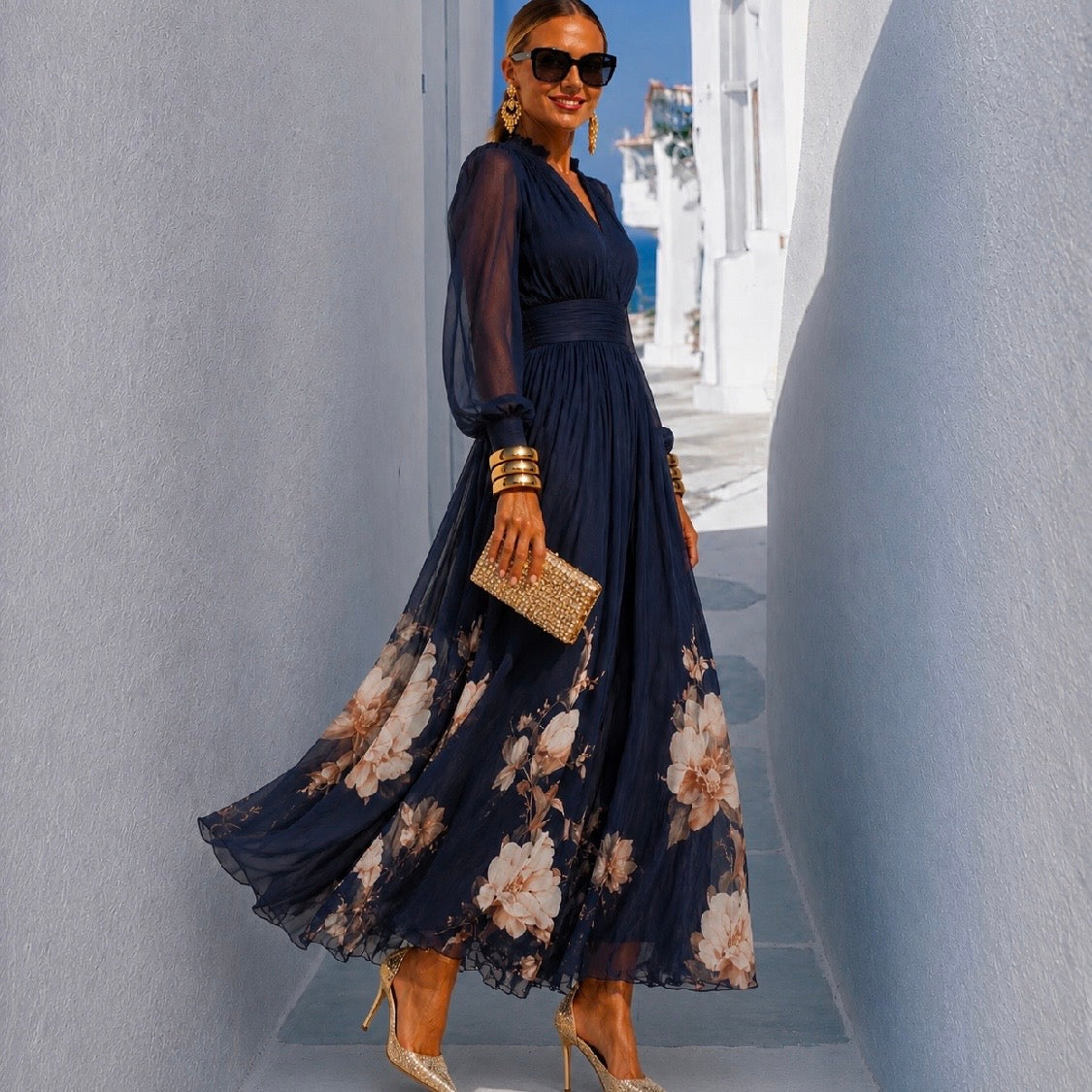 Robe Nadia en chiffon imprimé de Danoir Paris, trois motifs, tailles 34 à 48, vue de face avec détails graphiques colorés.
