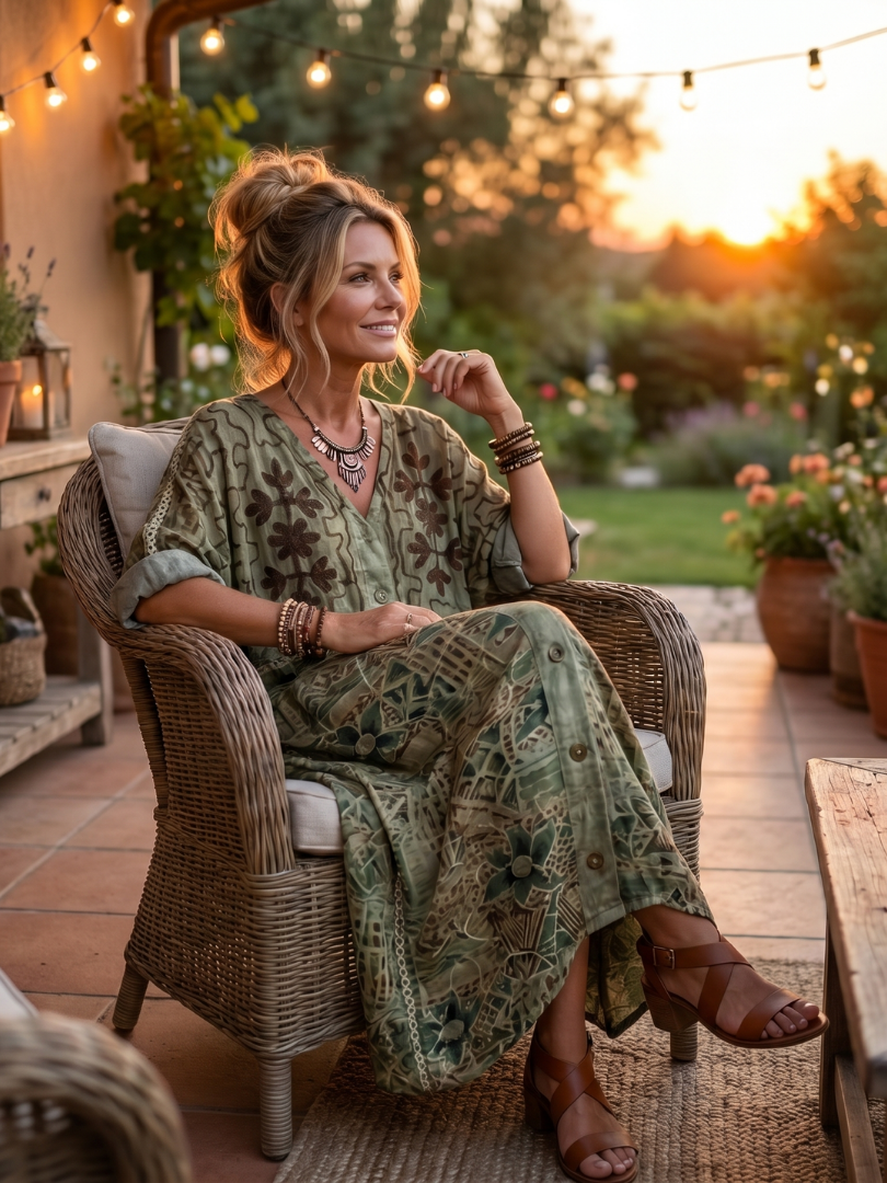 Robe midi oversize Danoir Paris avec poches brodées et fermeture à boutons, vue de face sur fond neutre.