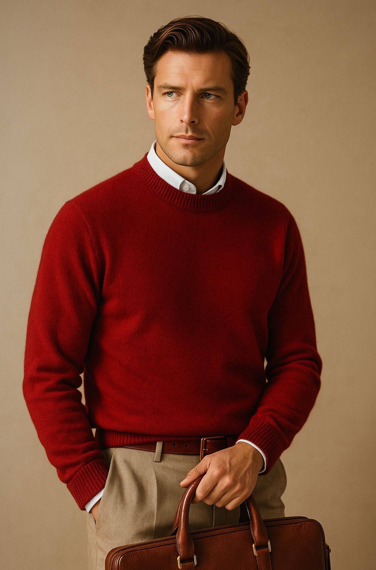 Pull col rond élégant Giles de Danoir Paris, en tissu doux, porté sur mannequin, couleur neutre, style chic et moderne.