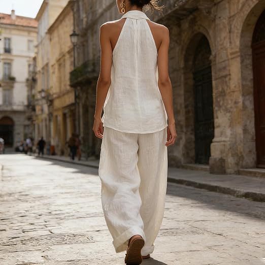 Ensemble deux pièces Danoir Paris Ainhoa en texture de lin, haut et pantalon assortis pour femme, vue de face.