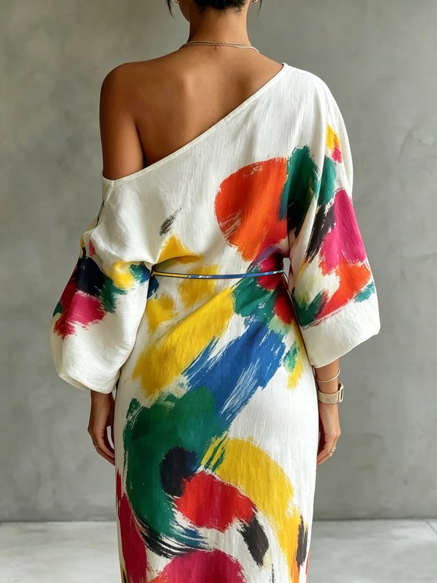 Robe longue THEA Danoir Paris, robe maxi en tissu fluide avec décolleté en V et manches longues.