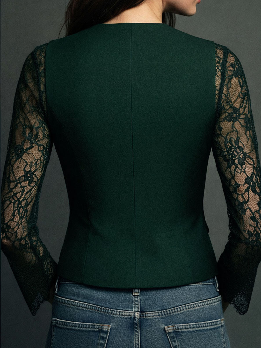 Blazer noir Noémie de Danoir Paris avec manches semi-transparentes, élégant haut de blazer pour femme.