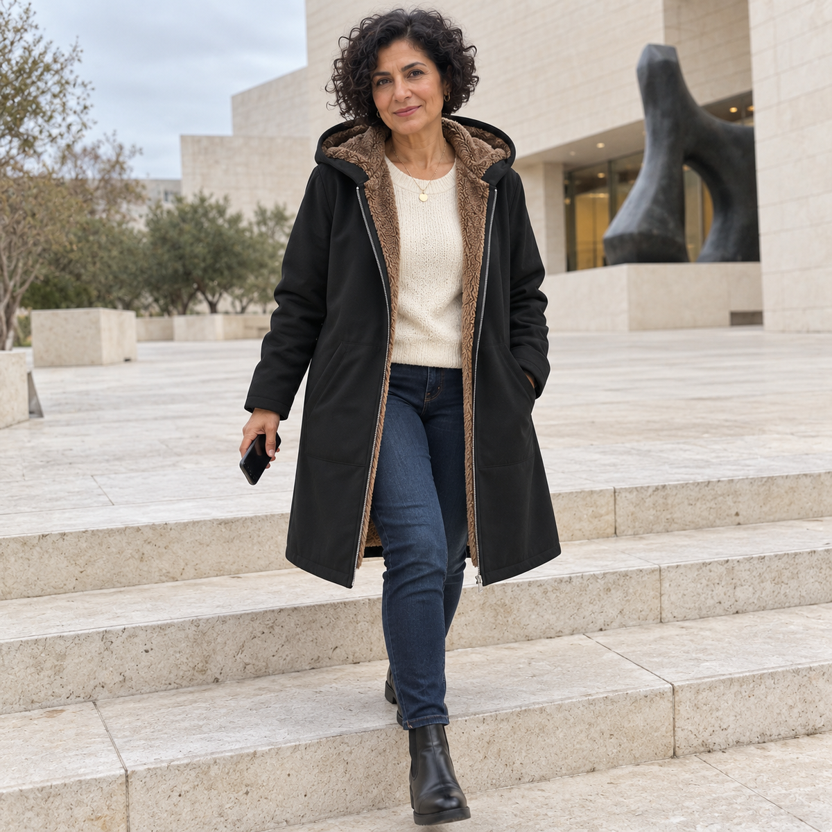 Manteau à capuche en sherpa Danoir Paris Evelyn™, doublure douce et chaleureuse, porté dans un cadre de musée.