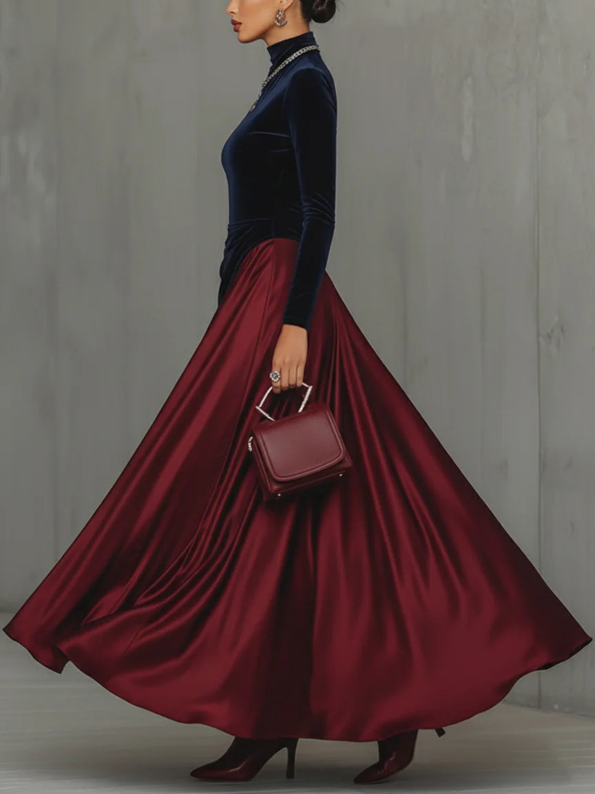 Robe longue bicolore Danoir Paris en velours bleu et satin bourgogne, style élégant et sophistiqué.