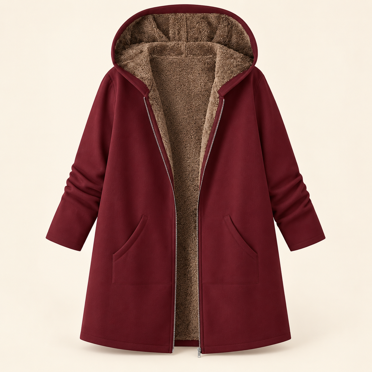Manteau à capuche en sherpa Danoir Paris Evelyn™ couleur bordeaux avec doublure marron, look chaud et confortable.