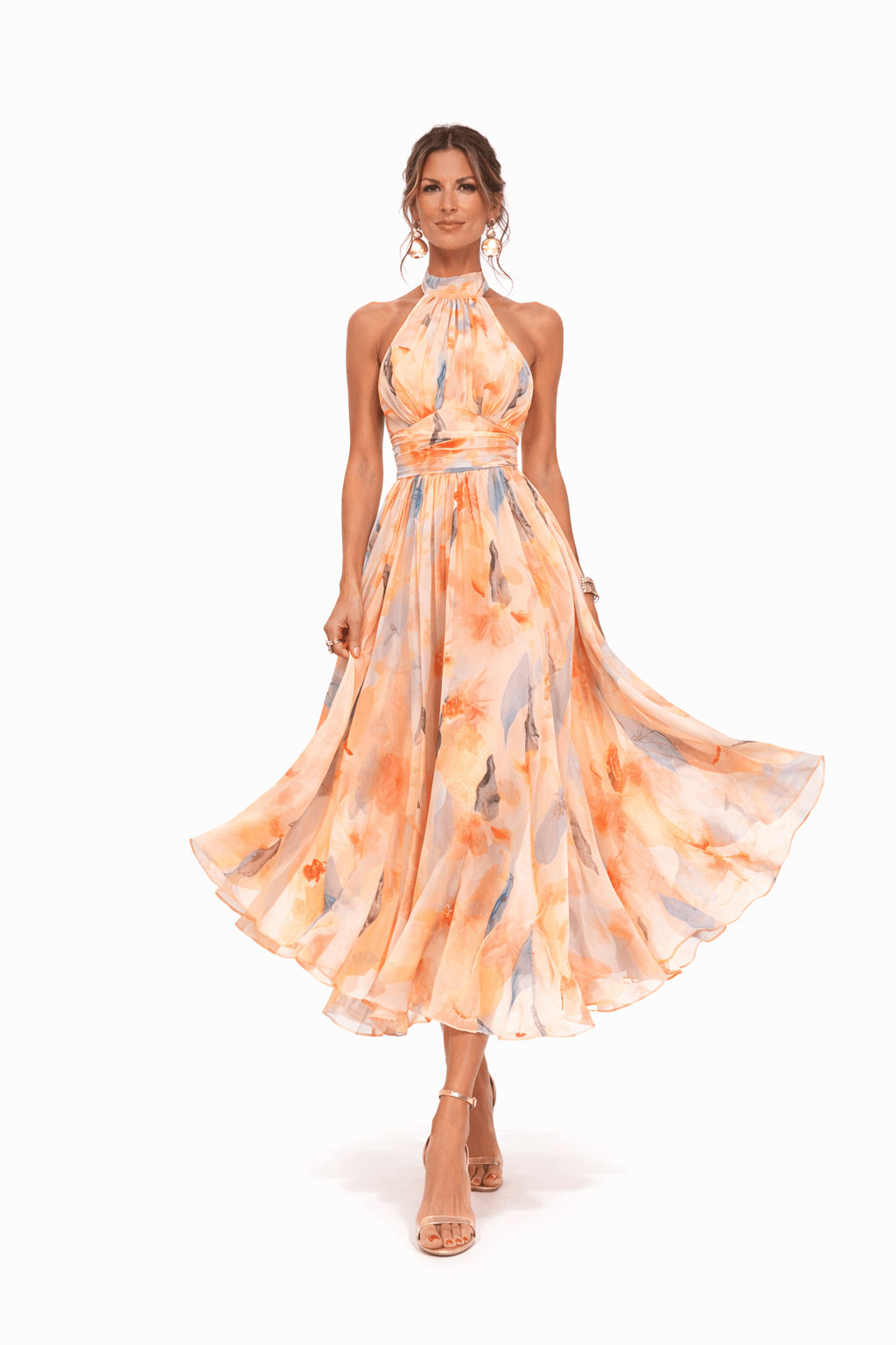 Robe à col halter Esther™ de Danoir Paris, vêtement élégant en tissu léger, portée sur mannequin blanc.