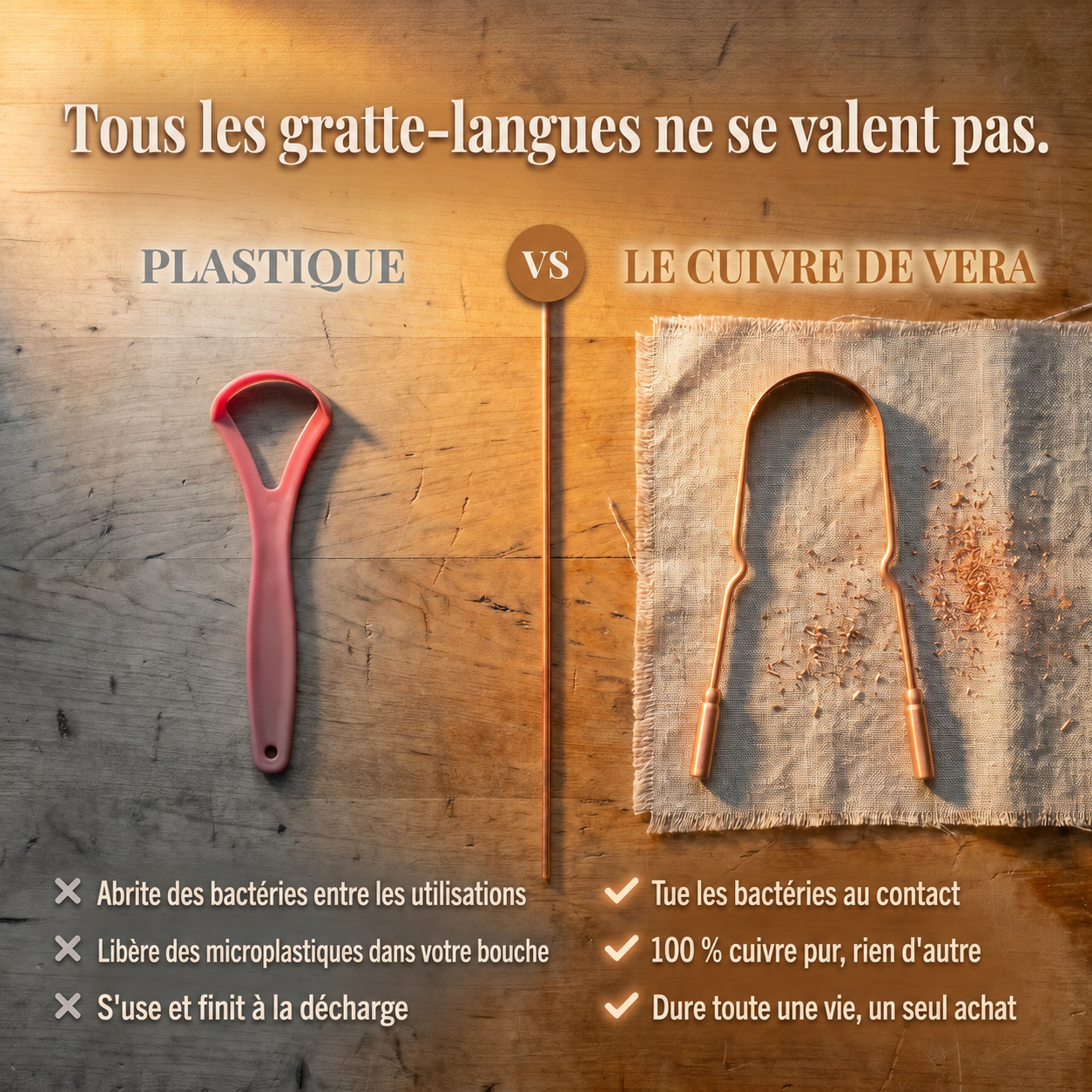 Grattoir à langue en cuivre pur Danoir Paris, outil de nettoyage buccal avec manche en cuivre brillant.