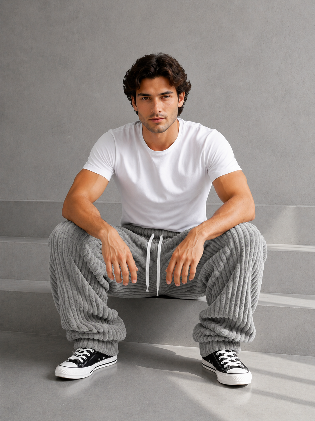 Pantalon Rowan de Danoir Paris en tissu gris avec ceinture, porté par un mannequin.