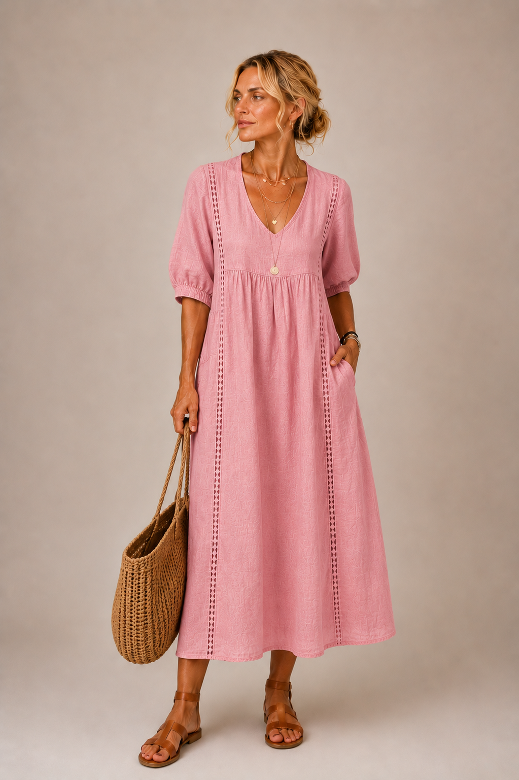 Robe midi d'été Gillian de Danoir Paris, légère et fluide, en tissu coloré avec bretelles fines et coupe élégante.